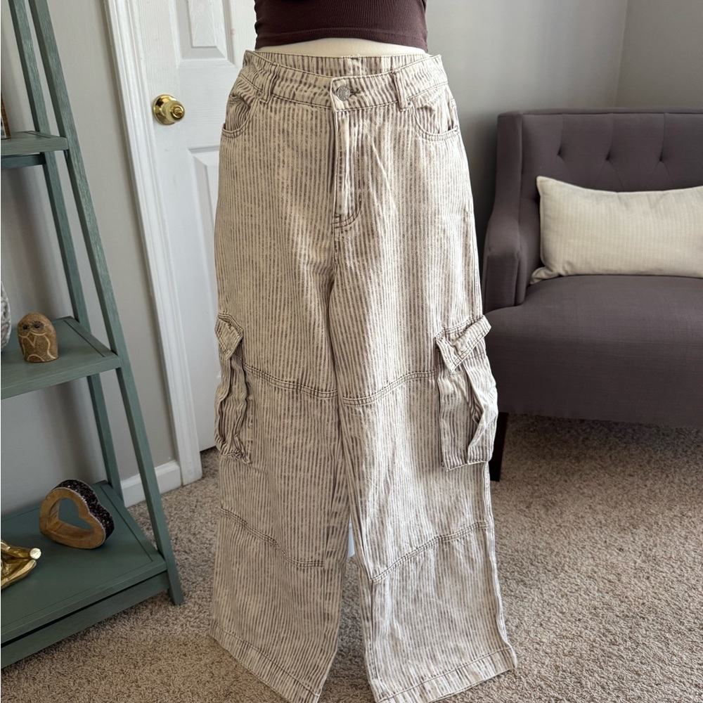 Altar'd State Beige and Brown Striped Cargo Pants